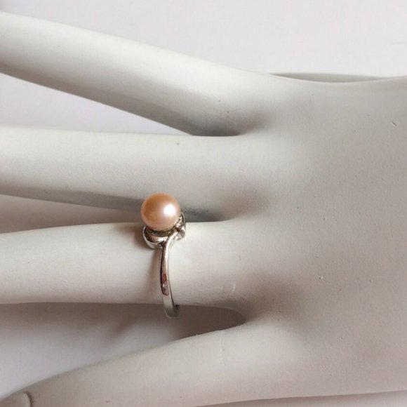 Peach Pearl Ring Solitaire Dainty Size 5 6 7 Vintage Cultured Silver Plated - Picture 4 of 10